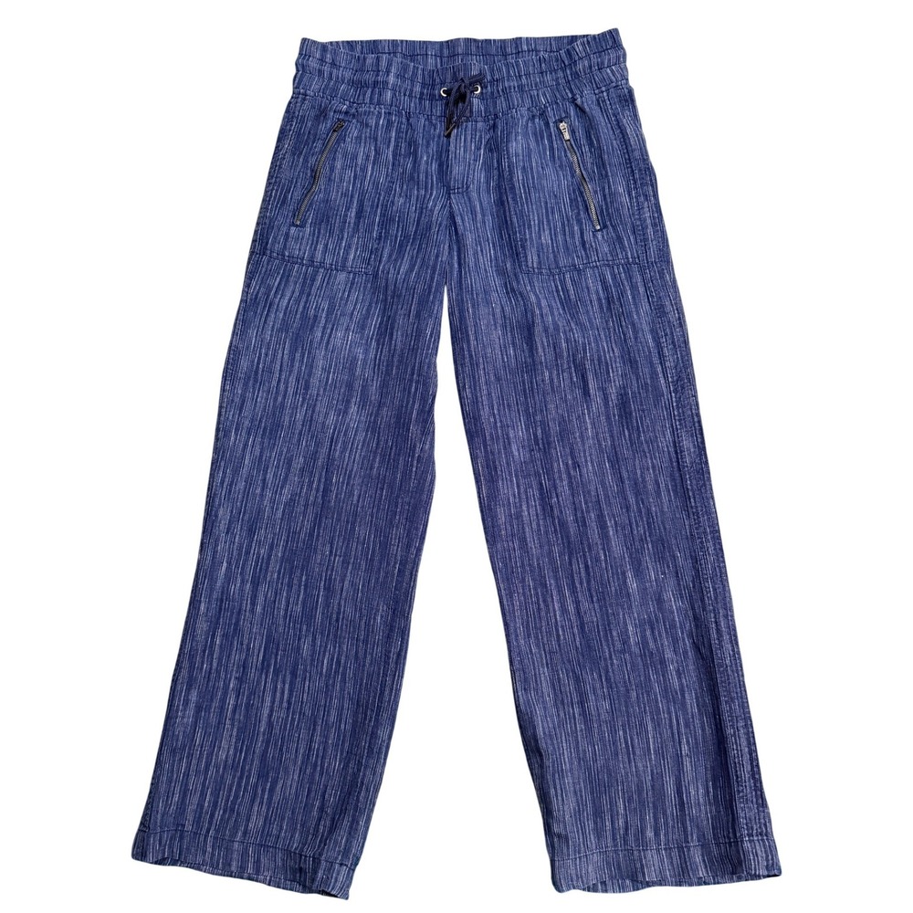 Athleta Cabo 100% Linen Wide Leg Pants Navy Blue Textured Womens 10P Boho Beach